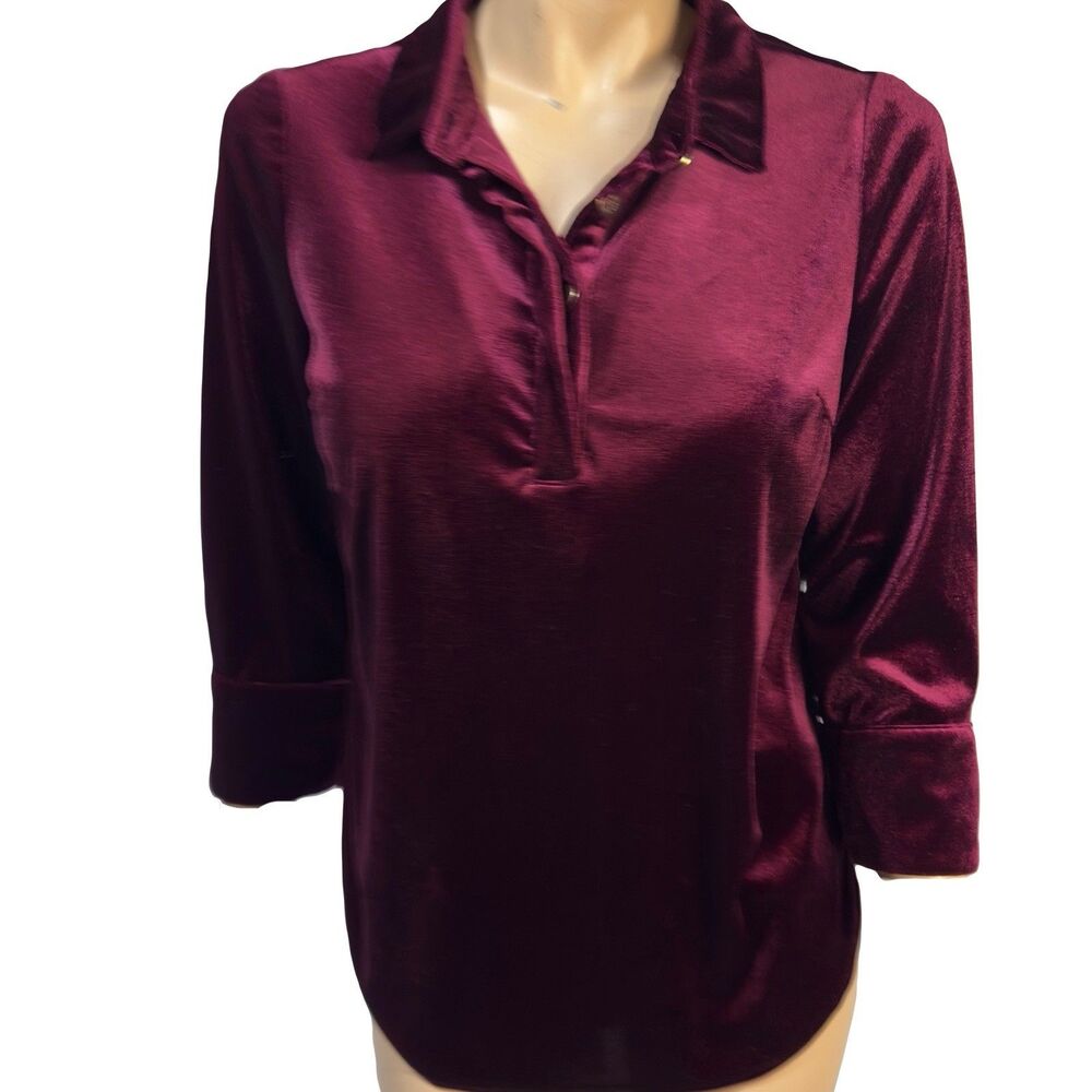 Gretchen Scott Velvet Quarter Button Pullover Top Collared Burgundy Wine Size M